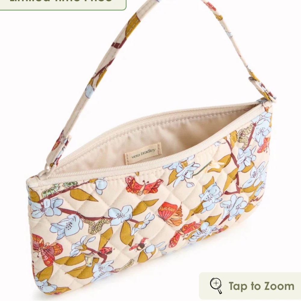 Vera Bradley Cream Quilted Floral Wristlet with Blue and Mustard Accents